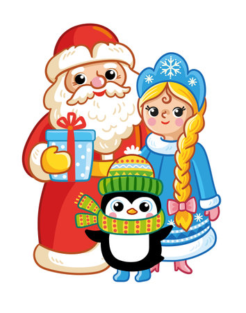 Vector illustration with a set of New Year heroes. New Year's card with Santa Claus and Snow Maiden, penguin.のイラスト素材