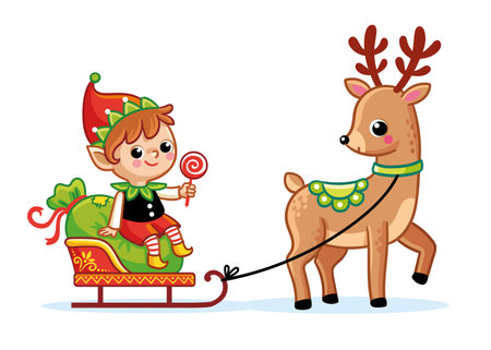 Christmas picture with a deer and an elf on a sleigh. Vector illustration with fairy tale characters on a white background.のイラスト素材