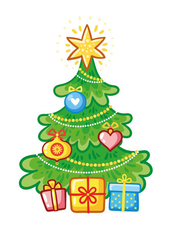 New Year tree with gifts on a white background. Vector illustration with christmas tree in cartoon style.のイラスト素材