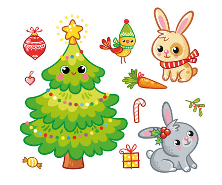 New Years set with a Christmas tree and animals. Vector illustration with Christmas gifts on a white background.のイラスト素材
