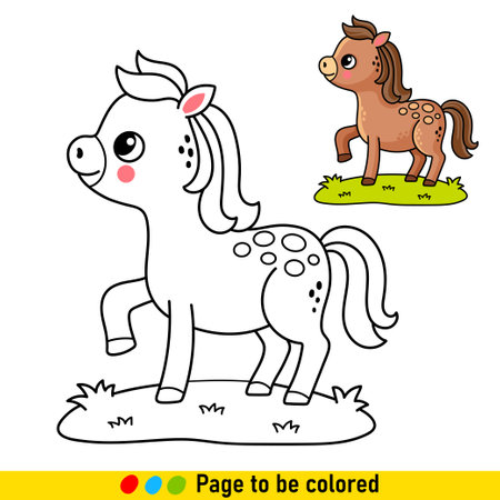 Coloring book with a cartoon-style pony. Black and white illustration with a horse for the development of children.のイラスト素材