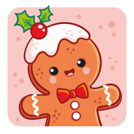 Vector illustration with a cheerful cookie on a pink background. Vector illustration on a Christmas theme in a cartoon style.のイラスト素材