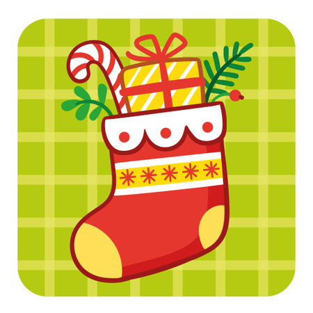 Vector illustration with a Christmas sock for gifts on a green background. Vector illustration on a Christmas theme in a cartoon style.のイラスト素材