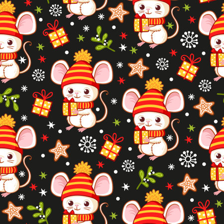 Vector seamless pattern with a mouse that is holding a New Years gift in its hands. Cartoon style Christmas theme picture.のイラスト素材