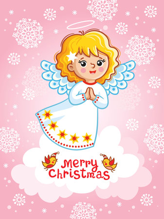 Cute angel on a pink background with snowflakes. Vector new year card in cartoon style with inscription merry christmas.のイラスト素材
