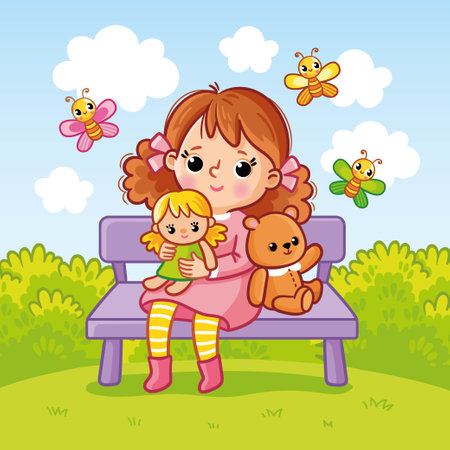 Cute little girl sits on a bench with toys. Vector summer illustration in cartoon style with a child in nature.のイラスト素材
