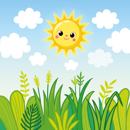 Vector illustration with summer nature and sun. Cheerful sun on the background of the sky and clouds in a cartoon style.のイラスト素材