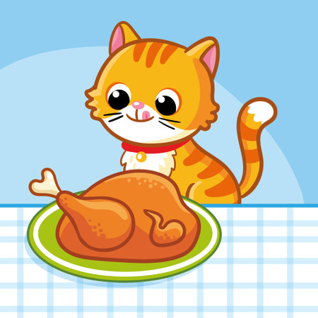 The cat sits and looks at the chicken. Vector illustration with pet and food in cartoon style.のイラスト素材