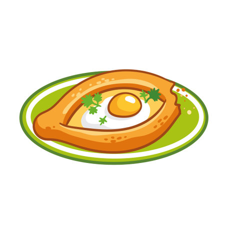 Khachapuri with egg lies on a beautiful plate on a white background. Vector illustration with food in cartoon style.のイラスト素材