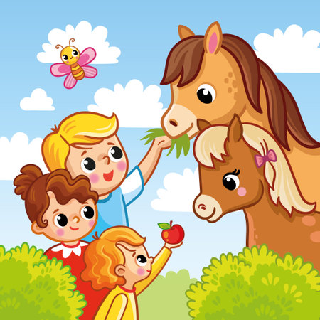 Cute children feed grass and apples to horses and foals. Vector farm illustration in cartoon style with summer nature.のイラスト素材