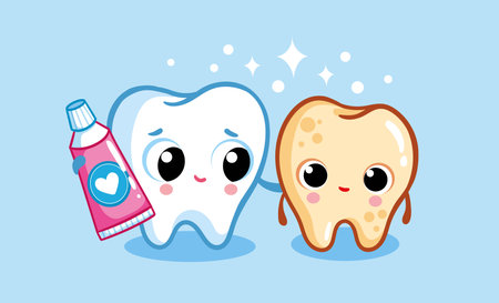 Sick and healthy tooth stand with toothpaste on a blue background. Vector illustration on the theme of health in a cartoon style.のイラスト素材