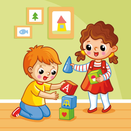 Cute children play with blocks on the floor. Vector illustration with a girl and a boy in cartoon style.のイラスト素材