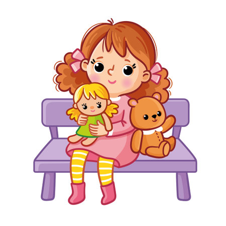Little cute girl on white sits on a bench with toys. Vector illustration with a child on a childrens theme in a cartoon style.のイラスト素材