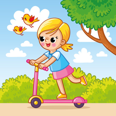 Cute little girl rides a scooter in a summer park. Vector illustration with a child on a walk in cartoon style.のイラスト素材