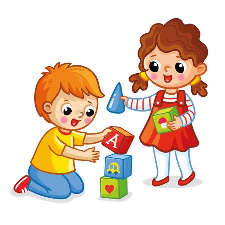 Little boy and girl play cubes on a white background. Vector illustration with children in cartoon style.のイラスト素材