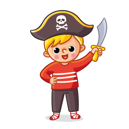Little boy dressed up as a pirate and plays with a sword in his hand. Vector illustration in cartoon style on a pirate theme.のイラスト素材