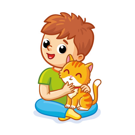 Cute boy sits with a kitten on a white background. Vector illustration with a child and an animal in cartoon style.のイラスト素材