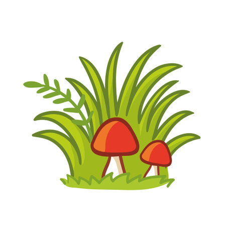 Mushrooms stand on a green summer meadow. Vector illustration with plants in cartoon style on a white background.のイラスト素材