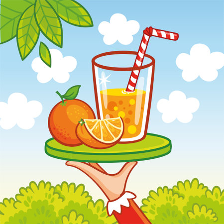 Tray with orange juice in a glass in nature. Vector illustration with a drink in cartoon style.のイラスト素材