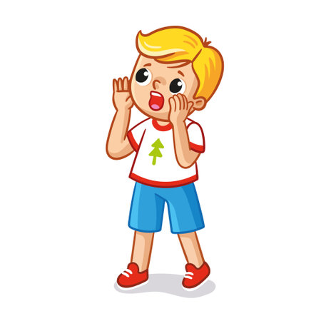 The boy stands on a white front and calls his lost sister. Vector illustration A game of hide and seek. Echo.のイラスト素材