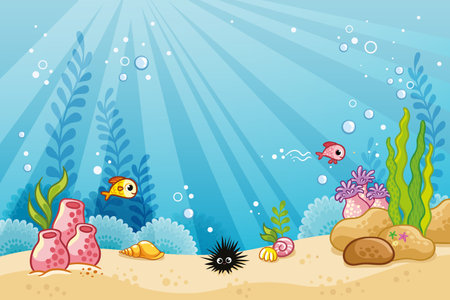 Underwater landscape with fish, plants, algae and corals. Vector Illustration in cartoon style. Sea ocean.のイラスト素材