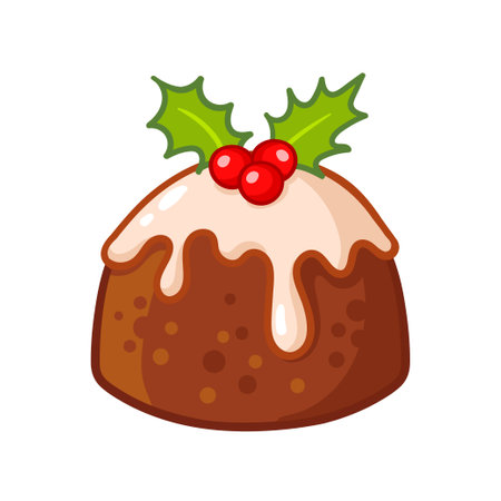 A cute traditional Christmas pudding with icing and holly. Vector illustration with cake isolated on white background in cartoon style.のイラスト素材