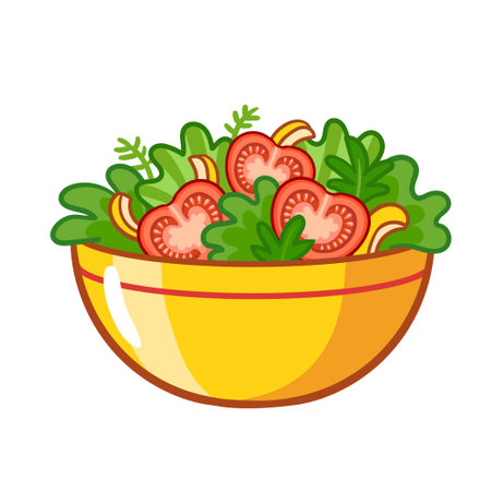 Cute illustration with yellow plate salad. Simple cartoon design healthy food. Vector.のイラスト素材