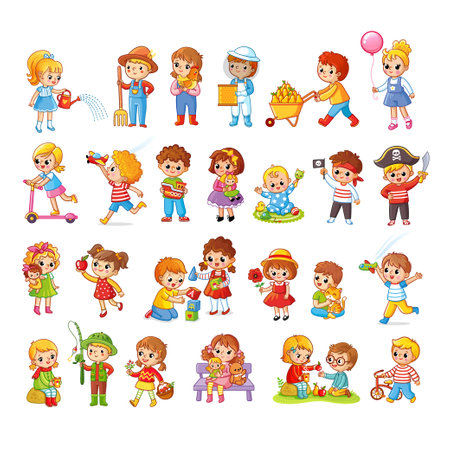 Collection of little cartoon children on white background. Big set of different cute kids enjoy playing. Vector illustration.のイラスト素材