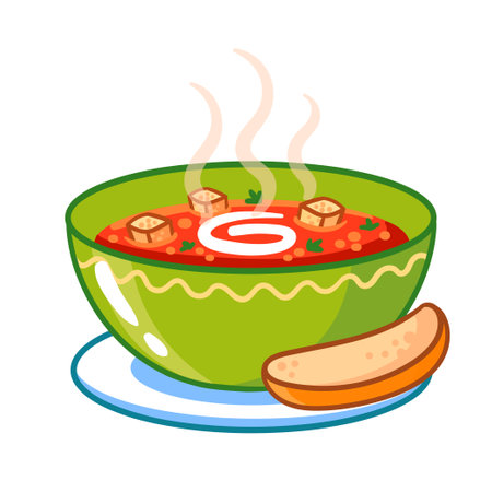 Hot tomato soup in a bowl of served with a piece of bread. Vector illustration with vegetable soup, borsch, gazpacho on white background.のイラスト素材