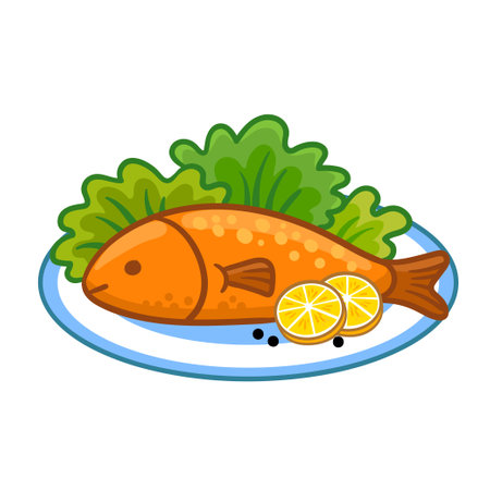 Delicious fried fish with herbs, lemon on a white plate. Vector illustration food in cartoon style.のイラスト素材