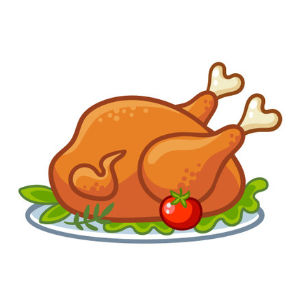 Thanksgiving turkey or roast chicken illustration in cartoon style. Vector illustration with roasted poultry on plate decorated with tomatoes and lettuce.のイラスト素材