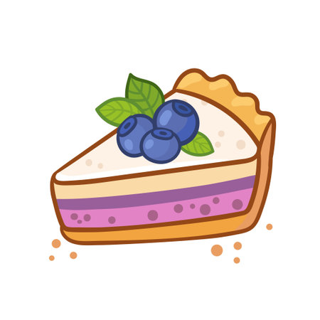 Cute cartoon pie slice. Piece of berry cake isolated vector illustration. Traditional American baked dessert with blueberry.のイラスト素材