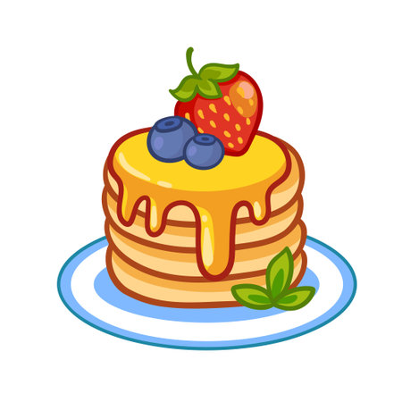 Delicious Pancakes with syrup or honey and berries isolated on white background. Vector illustration with homemade pancakes in cartoon style.のイラスト素材