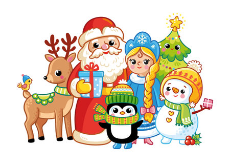 New Year card with Christmas characters. Vector illustration with a set of New Year heroes.のイラスト素材