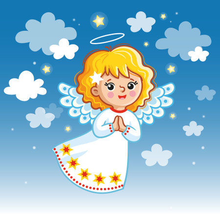 Cute angel against the blue sky in a white dress. Vector illustration in cartoon style.のイラスト素材