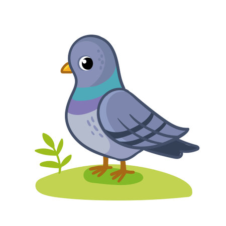 Cute pigeon sits on a green meadow. Vector illustration with a bird in cartoon style.のイラスト素材