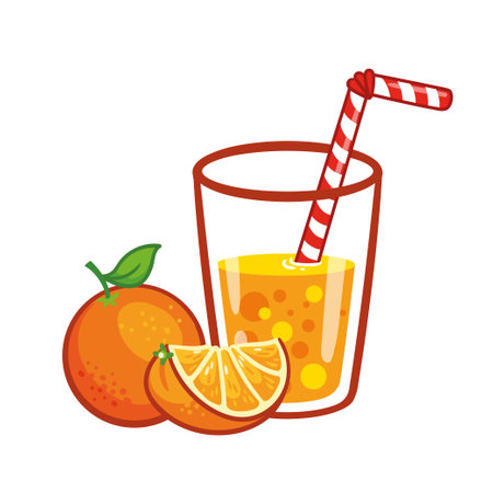 Glass of orange juice with an orange on a white background. Vector illustration with fruit juice in cartoon style.のイラスト素材
