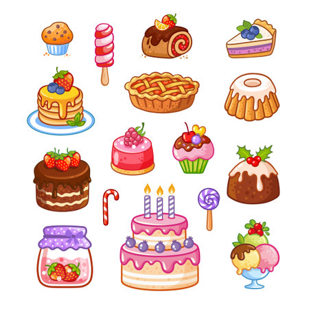 Set of sweets. Sweet pastries, cake, sweets, pie, cupcake, desserts in a cartoon style. A collection of delicious, high-calorie food isolated on a white background.のイラスト素材