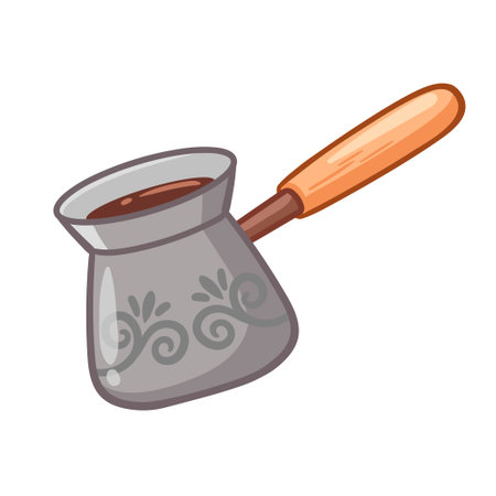 Metal coffee turk with wooden handle in cartoon style. Vector illustration with Turkish coffee pot.のイラスト素材