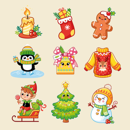 Merry Christmas and Happy New year Set. Gingerbread man, snowman, elf, penguin, christmas tree, sweater, candle, christmas sock with gifts in cartoon style. Sticker pack of cartoon characters.のイラスト素材