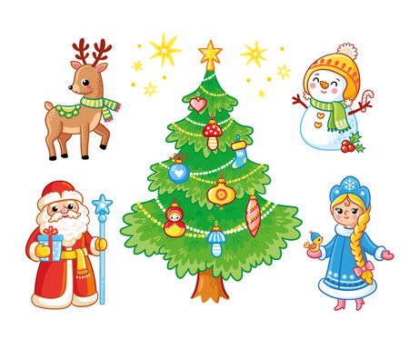 New Year set with Christmas characters in cartoon style. Vector illustration with a Santa Claus, snow maiden, deer, Christmas tree, snowman.のイラスト素材
