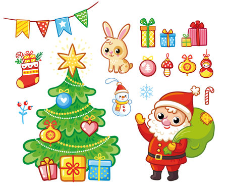 Merry Christmas and Happy New Year Set holiday stickers. Cute Santa Claus, christmas tree, gifts, Christmas toys in cartoon style. Vector illustration.のイラスト素材