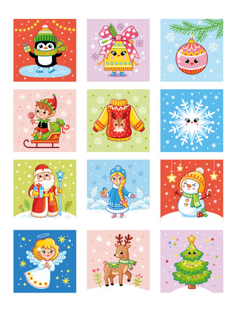 Merry Christmas and Happy New Year Set of greeting cards, posters, holiday stickers. Santa Claus, three, snowman, deer, gift, penguin, elf, angel in cartoon style.のイラスト素材