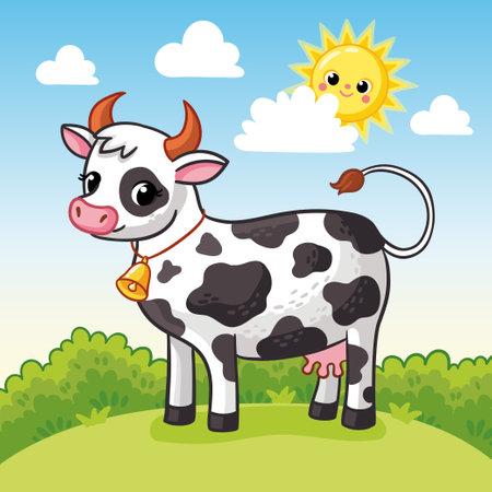 Cow is standing on a green summer meadow and the sun is peeking out from behind the clouds. Farm animal. Vector illustration in cartoon style on the theme of farm and agriculture.のイラスト素材