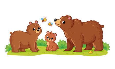A cute family of bears stands in a green meadow on a white background. Vector illustration with cute forest animals in cartoon style. The bear cub with its Mom and Dad.のイラスト素材