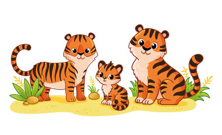 A cute family of tigers stands on a green meadow on a white background. Vector illustration with cute wild animals in cartoon style. A tiger cub with his mom and dad.のイラスト素材