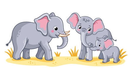 Cute elephant family on a white background. Vector illustration with cute African animals in cartoon style. A baby elephant stands with its parents.のイラスト素材