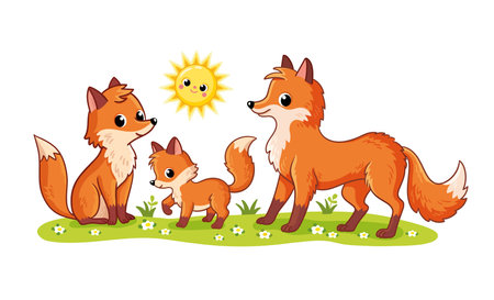 A cute family of foxes stands in a green meadow on a white background. Vector illustration with cute forest animals in cartoon style. The fox cub stands with its parents.のイラスト素材