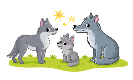 A cute family of wolves stands in a green meadow on a white background. Vector illustration with cute forest animals in cartoon style. The wolf cub with its Mom and Dad.のイラスト素材