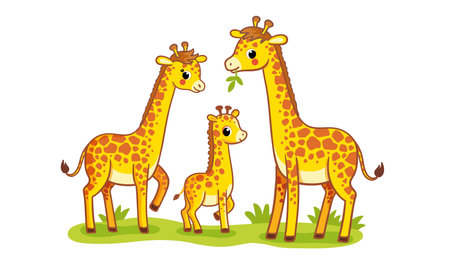 A cute family of giraffes stands on a green meadow on a white background. Vector illustration with cute African animals in cartoon style. A baby Giraffe stands with its parents.のイラスト素材